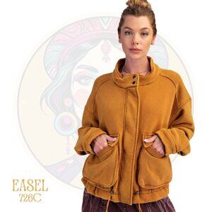 EASEL 726C Washed Zip Up Bomber Jacket Gold Camel